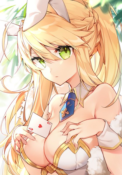 Anime picture 700x1000 with fate (series) fate/grand order artoria pendragon (all) artoria pendragon (swimsuit ruler) (fate) kamiowl single long hair tall image looking at viewer fringe breasts light erotic blonde hair hair between eyes large breasts green eyes animal ears upper body ahoge ponytail