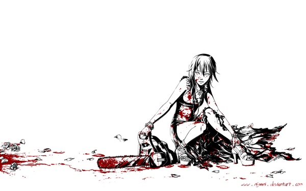 Anime picture 1600x1000 with nijuuni single simple background wide image white background high heels monochrome spot color girl dress weapon petals blood chainsaw