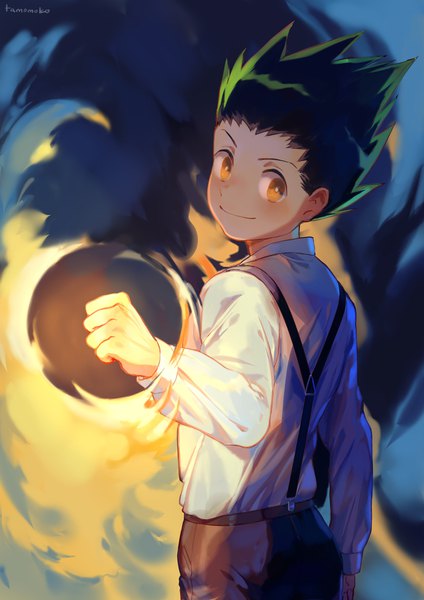Anime picture 1280x1810 with hunter x hunter gon freaks tamomoko single tall image looking at viewer short hair smile signed upper body looking back green hair orange eyes spiked hair boy shirt white shirt suspenders fist