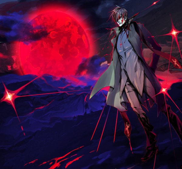 Anime picture 1239x1150 with fate (series) fate/zero type-moon kotomine kirei godai single fringe short hair red eyes brown hair sky cloud (clouds) ahoge hair over one eye night sky red moon priest boy pendant moon