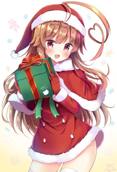 Anime picture 928x1355 with kantai collection kuma light cruiser masayo (gin no ame) single long hair tall image looking at viewer blush open mouth red eyes brown hair holding ahoge :d fur trim christmas girl hat fur gift