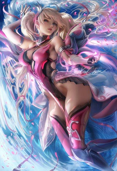 Anime picture 684x1000 with overwatch blizzard entertainment mercy (overwatch) pink mercy sakimichan single long hair tall image looking at viewer blush fringe breasts blue eyes light erotic blonde hair hair between eyes twintails signed cleavage lying