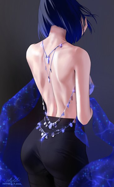 Anime picture 1251x2048 with genshin impact yelan (genshin impact) m alexa single tall image short hair light erotic black hair simple background standing signed ass arm up from behind grey background sparkle alternate costume twitter username back gradient hair