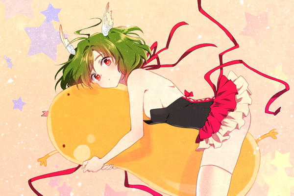 Anime picture 1196x798 with macross macross frontier ranka lee nipye single looking at viewer blush short hair breasts light erotic red eyes bare shoulders pleated skirt green hair sparkle hug head wings girl thighhighs skirt