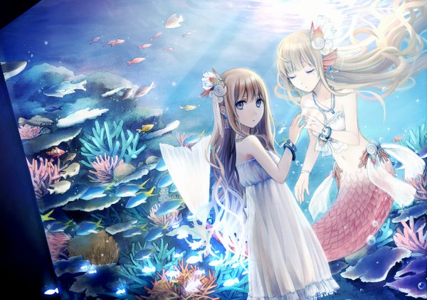 Anime picture 2480x1748 with original usui (tripcube) long hair highres blonde hair multiple girls eyes closed underwater monster girl girl 2 girls water bracelet jewelry necklace fish (fishes) mermaid aquarium coral