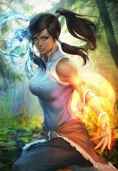 Anime picture 692x1000 with avatar: the legend of korra korra artgerm (stanley lau) single long hair tall image blue eyes black hair ponytail lips realistic magic girl plant (plants) tree (trees) water fur fire