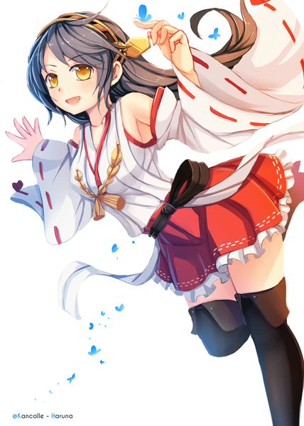 Anime picture 1000x1400 with kantai collection haruna battleship sekigan single long hair tall image blush open mouth black hair simple background smile white background yellow eyes pleated skirt girl thighhighs skirt black thighhighs detached sleeves insect