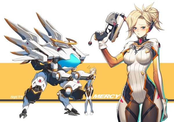 Anime picture 5708x4000 with overwatch blizzard entertainment d.va (overwatch) mercy (overwatch) meka (overwatch) haje long hair blush highres breasts blue eyes simple background blonde hair large breasts standing white background holding signed looking away absurdres