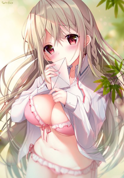 Anime picture 840x1200 with original maeda shiori sousouman single long hair tall image looking at viewer blush fringe breasts light erotic blonde hair hair between eyes red eyes large breasts standing signed cleavage braid (braids) head tilt