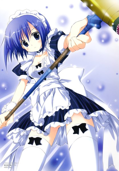 Anime picture 2432x3488 with original korie riko single tall image looking at viewer blush highres short hair blue eyes blue hair scan maid girl thighhighs dress bow white thighhighs mop