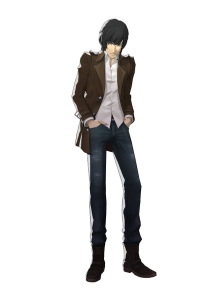 Anime picture 3500x4862 with catherine (game) jonathan ariga jonathan (catherine) single tall image highres short hair black hair simple background white background absurdres open collar hands in pockets smoking boy cigarette