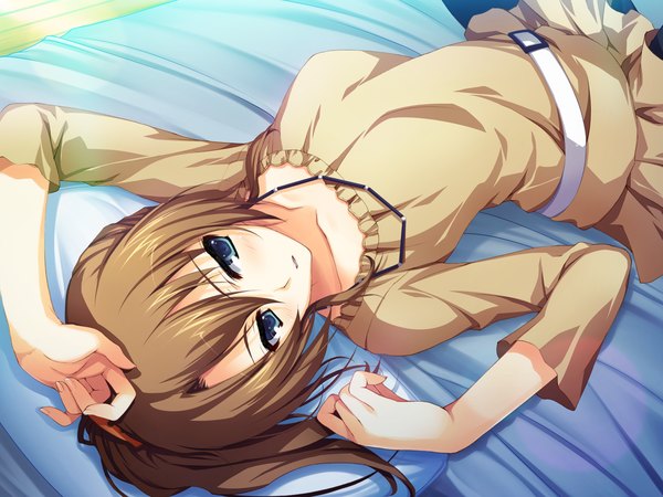 Anime picture 2560x1920 with akatsuki no goei miyagawa kiyomi tomose shunsaku single looking at viewer highres short hair blue eyes brown hair game cg lying girl dress