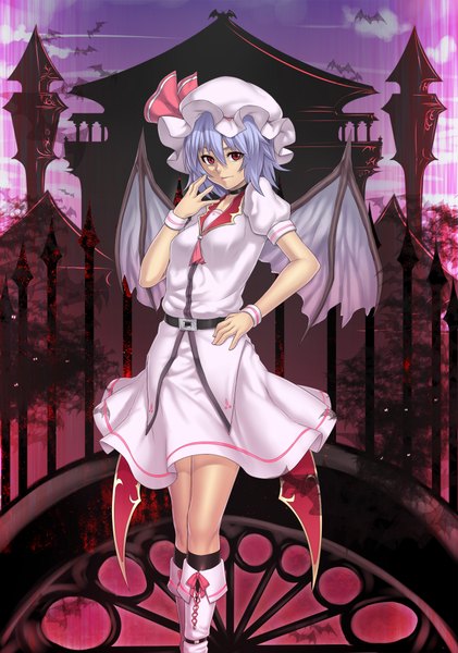 Anime picture 1404x2000 with touhou remilia scarlet houtengeki tall image short hair red eyes blue hair bat wings girl hat wings boots bat