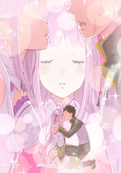 Anime picture 650x925 with re:zero kara hajimeru isekai seikatsu white fox emilia (re:zero) natsuki subaru ootsuka shin'ichirou long hair tall image blush fringe short hair breasts open mouth black hair signed payot full body bent knee (knees) eyes closed pleated skirt hair flower