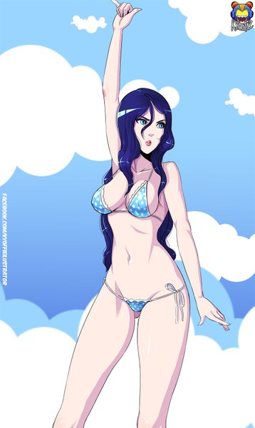Anime picture 896x1500 with league of legends sivir (league of legends) kyoffie12 single long hair tall image breasts blue eyes light erotic blue hair looking away lips legs ass visible through thighs girl navel swimsuit bikini polka dot bikini