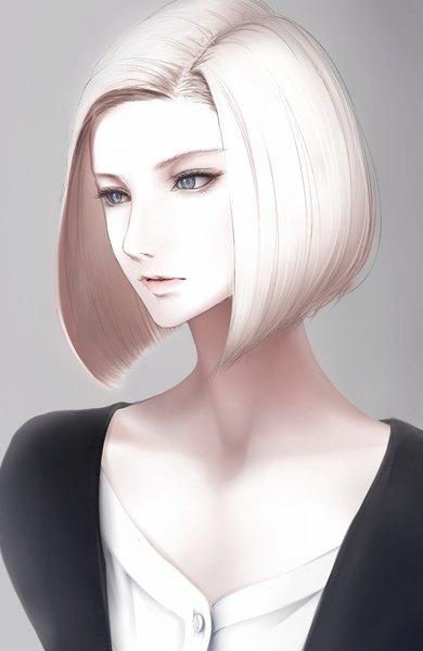 Anime picture 666x1024 with original erise single tall image short hair looking away white hair lips realistic grey background grey eyes girl