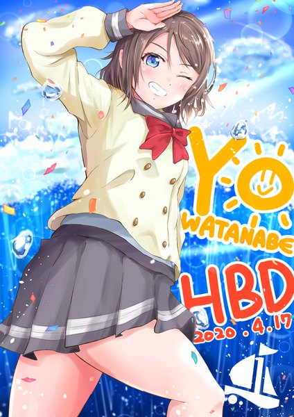 Anime picture 2892x4096 with love live! sunshine!! sunrise (studio) love live! watanabe you okahara (sgvz3735) single tall image looking at viewer blush fringe highres short hair breasts blue eyes smile standing sky cloud (clouds) full body outdoors