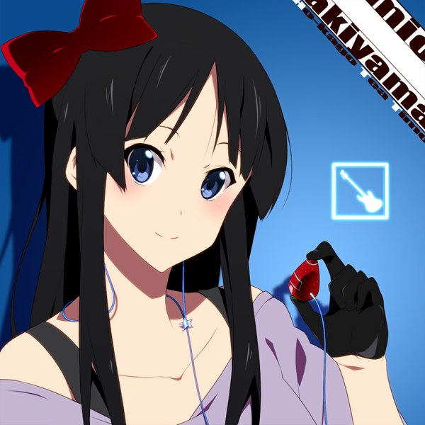 Anime picture 1000x1000 with k-on! kyoto animation akiyama mio nanao (mahaya) long hair looking at viewer blush blue eyes black hair smile blue background girl gloves bow hair bow food headphones berry (berries) strawberry digital media player