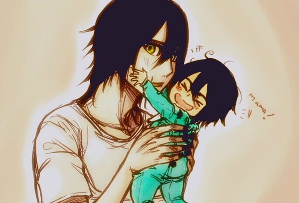 Anime picture 2000x1360 with bleach studio pierrot ulquiorra schiffer rusky highres short hair open mouth black hair holding green eyes hug brown background > < espada family if they mated boy child (children)