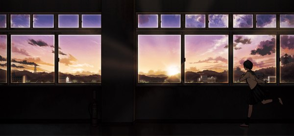 Anime picture 1319x614 with original amemura single short hair brown hair wide image sky cloud (clouds) indoors from behind evening sunset cityscape running girl uniform school uniform window sun