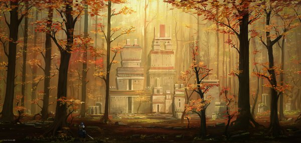 Anime picture 1592x760 with original blinck (artist) wide image from behind landscape autumn warrior plant (plants) sword tree (trees) armor building (buildings) forest