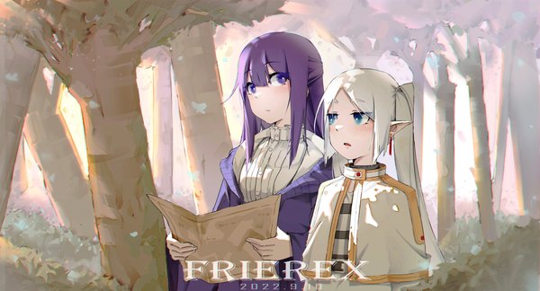 Anime picture 5906x3189 with sousou no frieren frieren fern (sousou no frieren) muina long hair fringe highres blue eyes hair between eyes wide image purple eyes twintails multiple girls absurdres purple hair upper body outdoors white hair pointy ears elf