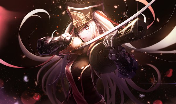 Anime picture 1100x651 with re:creators altair (re:creators) inho song single looking at viewer blue eyes wide image white hair very long hair two side up military girl uniform ribbon (ribbons) weapon hair ribbon hat petals sword armor