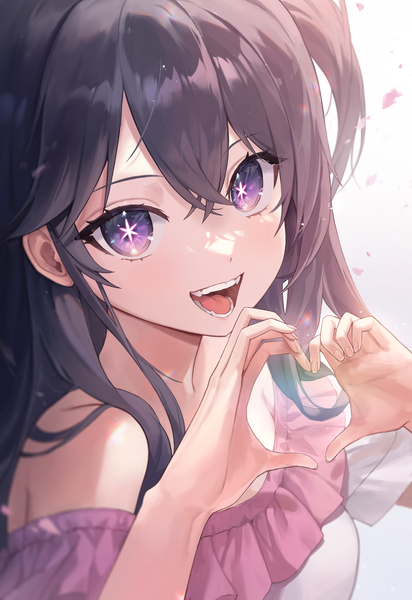 Anime picture 2479x3608 with oshi no ko hoshino ai (oshi no ko) ff 01 single long hair tall image looking at viewer fringe highres open mouth black hair hair between eyes purple eyes upper body :d one side up symbol-shaped pupils heart hands girl