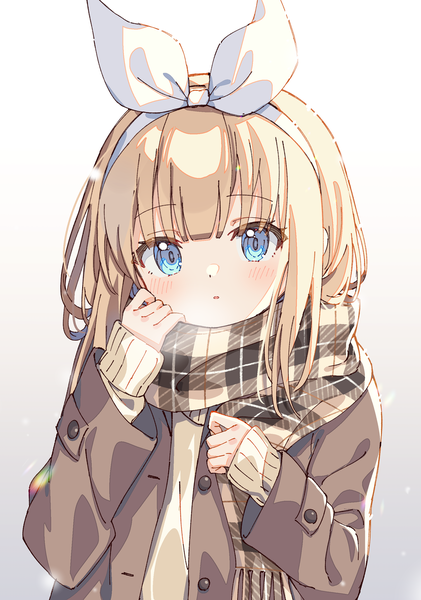Anime picture 1860x2651 with original zoirun single long hair tall image looking at viewer blush highres blue eyes simple background blonde hair upper body girl ribbon (ribbons) hair ribbon scarf plaid scarf