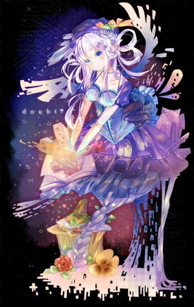 Anime picture 800x1263 with original itamidome single long hair tall image looking at viewer blush blue eyes cleavage silver hair inscription girl dress flower (flowers) wings frills headdress book (books) building (buildings) teardrop