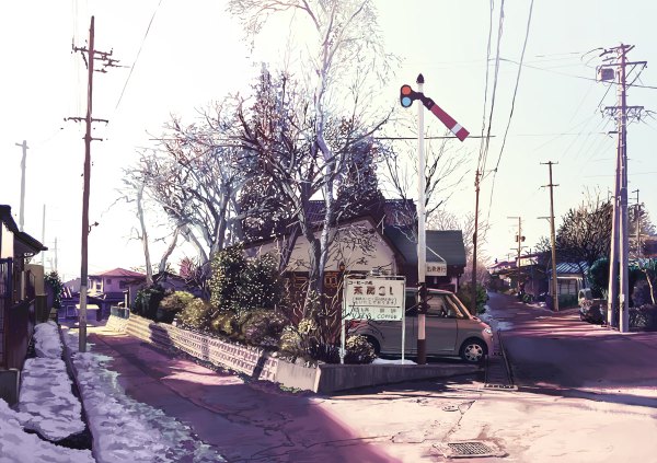 Anime picture 1200x846 with original suchfolder sky city winter snow no people plant (plants) tree (trees) ground vehicle wire (wires) car house power lines road traffic lights van