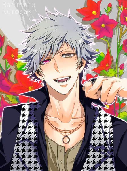 Anime picture 968x1296 with uta no prince-sama a-1 pictures kurosaki ranmaru heine (pixiv829991) single tall image looking at viewer short hair open mouth smile silver hair head tilt character names heterochromia portrait boy flower (flowers) pendant ring