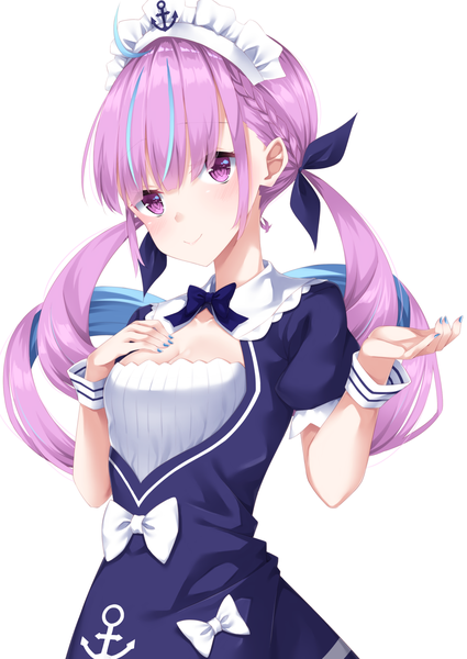 Anime picture 1200x1694 with virtual youtuber hololive minato aqua minato aqua (1st costume) shikapiro single long hair tall image looking at viewer fringe simple background white background purple eyes twintails payot purple hair upper body ahoge low twintails hand on chest