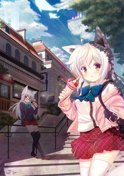 Anime picture 850x1200 with original misaki yuu (dstyle) long hair tall image looking at viewer blush open mouth multiple girls brown eyes animal ears sky cloud (clouds) white hair girl thighhighs skirt uniform black thighhighs 2 girls school uniform