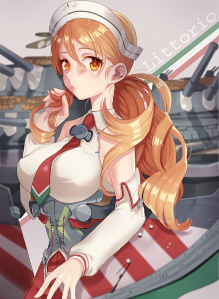 Anime picture 662x900 with kantai collection littorio (kantai collection) etsuo single long hair tall image looking at viewer breasts light erotic large breasts orange hair orange eyes character names girl detached sleeves necktie headdress corset