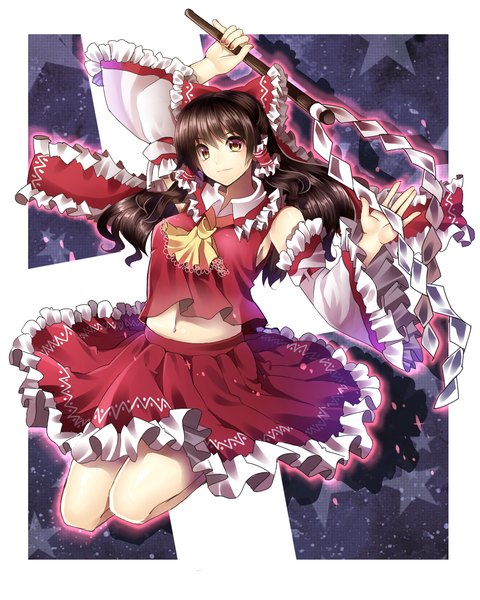 Anime picture 1500x1875 with touhou hakurei reimu koyuri shouyu single long hair tall image black hair brown eyes miko girl navel bow hair bow detached sleeves frills star (symbol) gohei