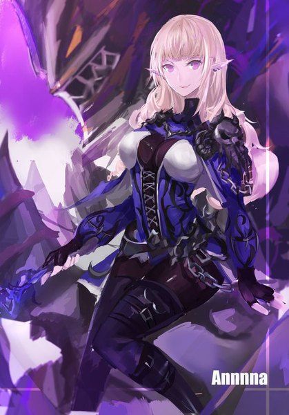 Anime picture 580x830 with dungeon and fighter annnna single long hair tall image looking at viewer breasts smile large breasts standing holding signed pink hair bent knee (knees) pink eyes pointy ears piercing standing on one leg ear piercing girl