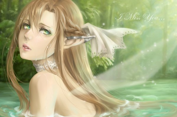 Anime picture 2000x1333 with sword art online a-1 pictures yuuki asuna titania (alo) single long hair highres brown hair bare shoulders green eyes looking back pointy ears girl