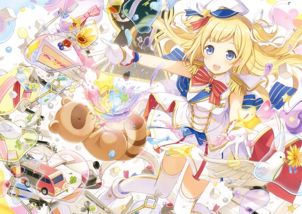 Anime picture 3300x2340 with original eshi 100-nin ten 6u (eternal land) single long hair looking at viewer blush highres open mouth blue eyes blonde hair absurdres scan official art girl thighhighs dress gloves flower (flowers) animal