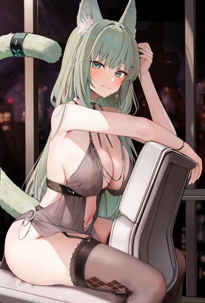 Anime picture 4300x6350 with arknights harmonie (arknights) ru zhai single long hair tall image looking at viewer blush fringe highres breasts light erotic smile large breasts sitting green eyes animal ears absurdres bent knee (knees) indoors