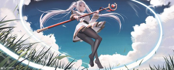 Anime-Bild 3000x1217 mit sousou no frieren frieren yuxing yuhang single long hair fringe highres light erotic wide image holding signed payot sky silver hair cloud (clouds) outdoors long sleeves pointy ears from below no shoes