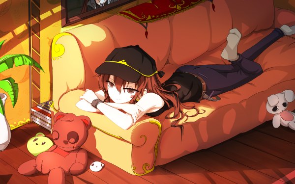 Anime picture 2400x1500 with original qian ye (qys3) qys3 single long hair looking at viewer highres brown hair brown eyes lying girl toy stuffed animal couch flat cap teddy bear