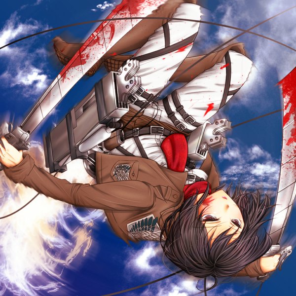 Anime picture 1000x1000 with shingeki no kyojin production i.g mikasa ackerman single short hair black hair holding brown eyes sky cloud (clouds) dual wielding upside down girl weapon sword jacket boots belt scarf thigh strap