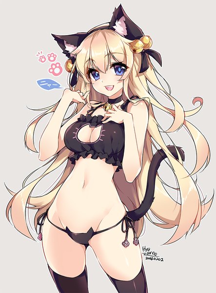 Anime picture 800x1082 with original hyuarno single long hair tall image looking at viewer breasts open mouth blue eyes light erotic blonde hair hair between eyes signed animal ears payot tail :d animal tail cat ears cat tail