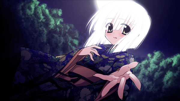 Anime picture 1280x720 with nemureru hana wa haru o matsu (game) short hair wide image yellow eyes game cg white hair japanese clothes loli girl kimono