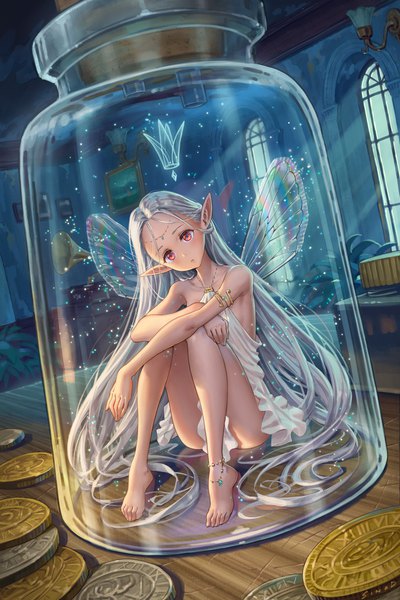 Anime picture 2667x4000 with original sinad aruatjanapat single tall image looking at viewer blush fringe highres light erotic red eyes sitting bare shoulders silver hair full body bent knee (knees) indoors very long hair parted lips head tilt barefoot