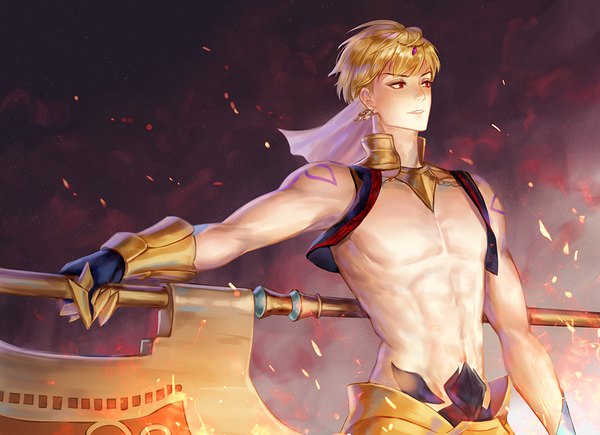 Anime picture 1100x798 with fate (series) fate/grand order gilgamesh (fate) gilgamesh (caster) (fate) kankito single fringe short hair simple background blonde hair red eyes standing bare shoulders holding looking away parted lips tattoo outstretched arm dark background muscle