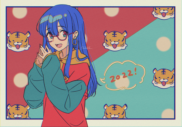 Anime picture 2141x1500 with original hari611 single long hair fringe highres hair between eyes blue hair upper body border new year outside border multicolored eyes fingers together 2022 girl earrings animal glasses speech bubble