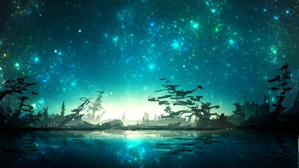 Anime picture 1920x1080 with original smile (qd4nsvik) highres wide image sky reflection no people landscape lake plant (plants) tree (trees) star (stars)