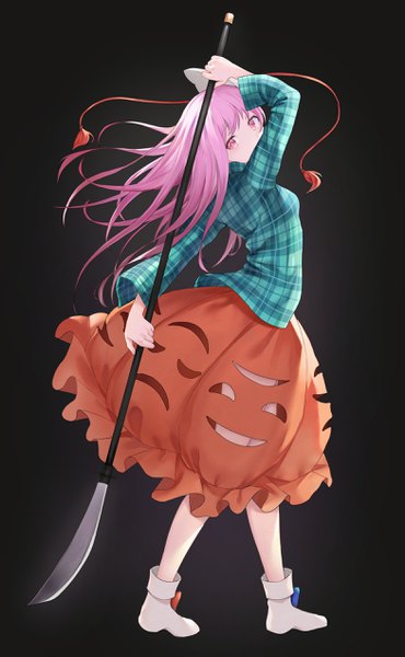 Anime picture 1567x2537 with touhou hata no kokoro rice (okome no naru ki) single long hair tall image looking at viewer simple background holding pink hair full body pink eyes no shoes black background covered mouth mask on head girl skirt weapon shirt